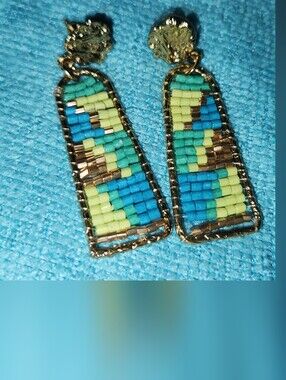 Gold Beaded Drop Earrings in Turquoise & Lime - Trendy & Tribal